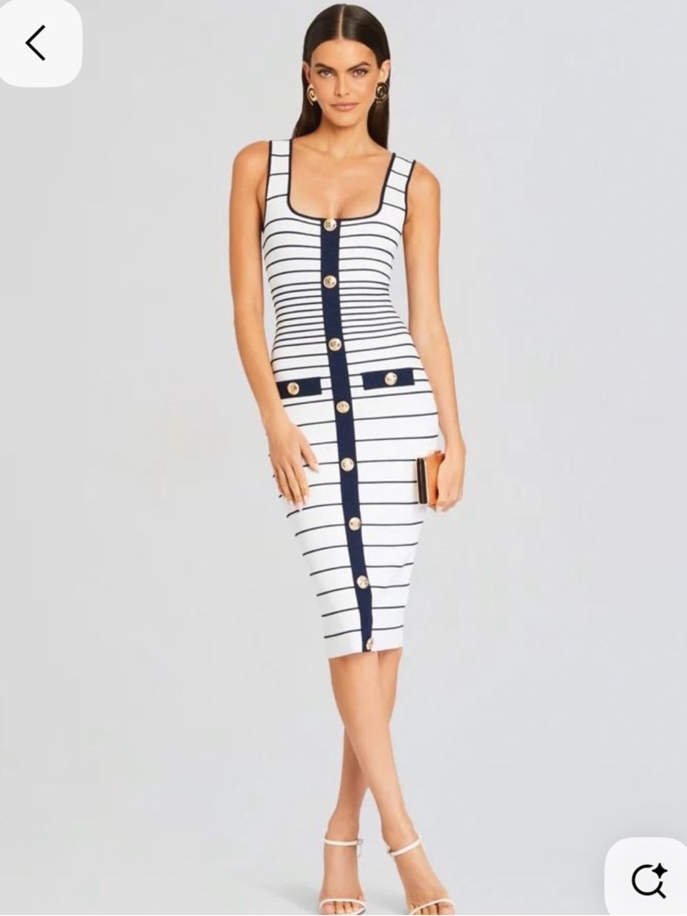 Retrofete Lyle Striped Bodycon Navy & White Button-Front Midi Dress